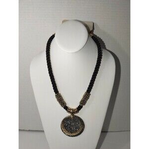 Erica Lyons Black Cord Stacked Circle Pendant  Necklace Gold Silver Tone